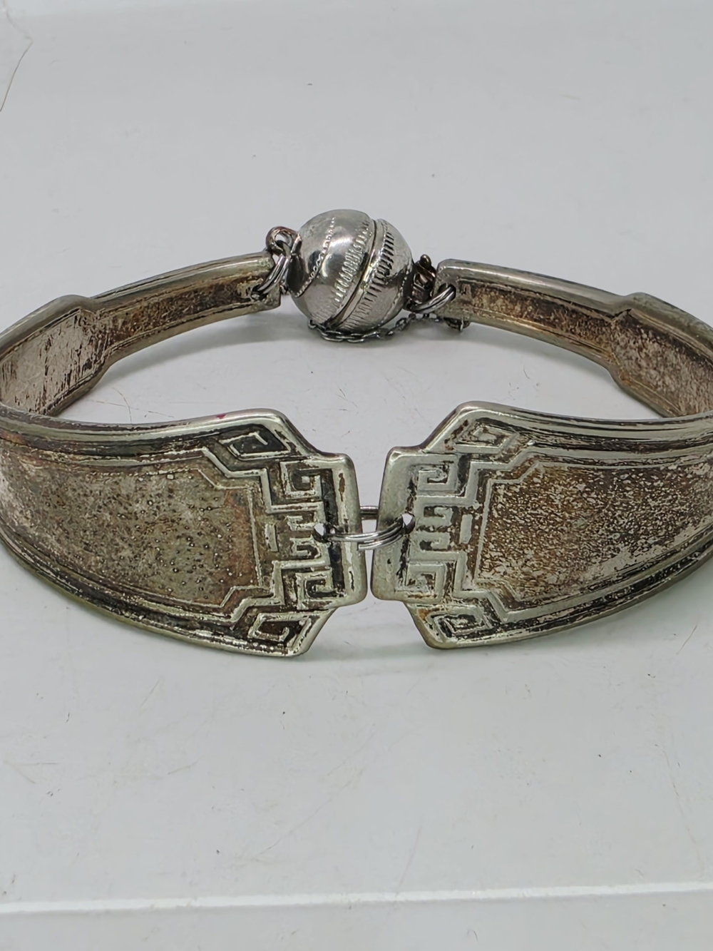 Vintage Silver Plated Spoon Bracelet Antique Magnetic Clasp W Safety Chain